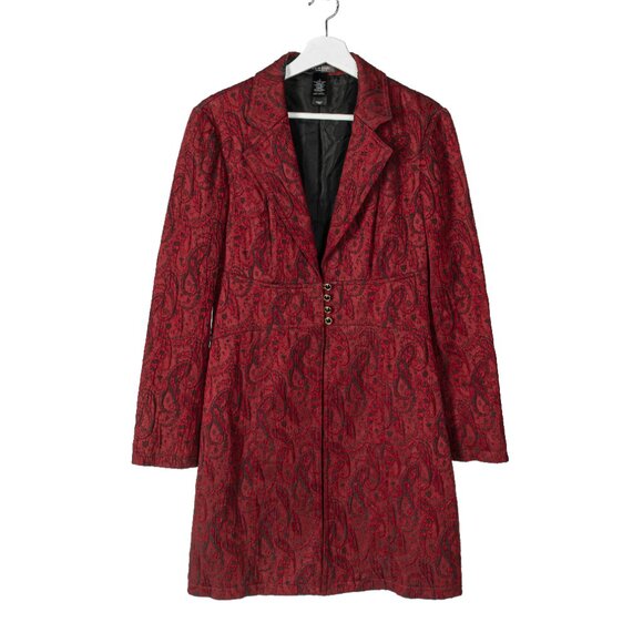 BISOU BISOU Paisley Blazer Jacquard Brocade Fitted Long Coat Dress 90s Red 8 - Picture 1 of 13